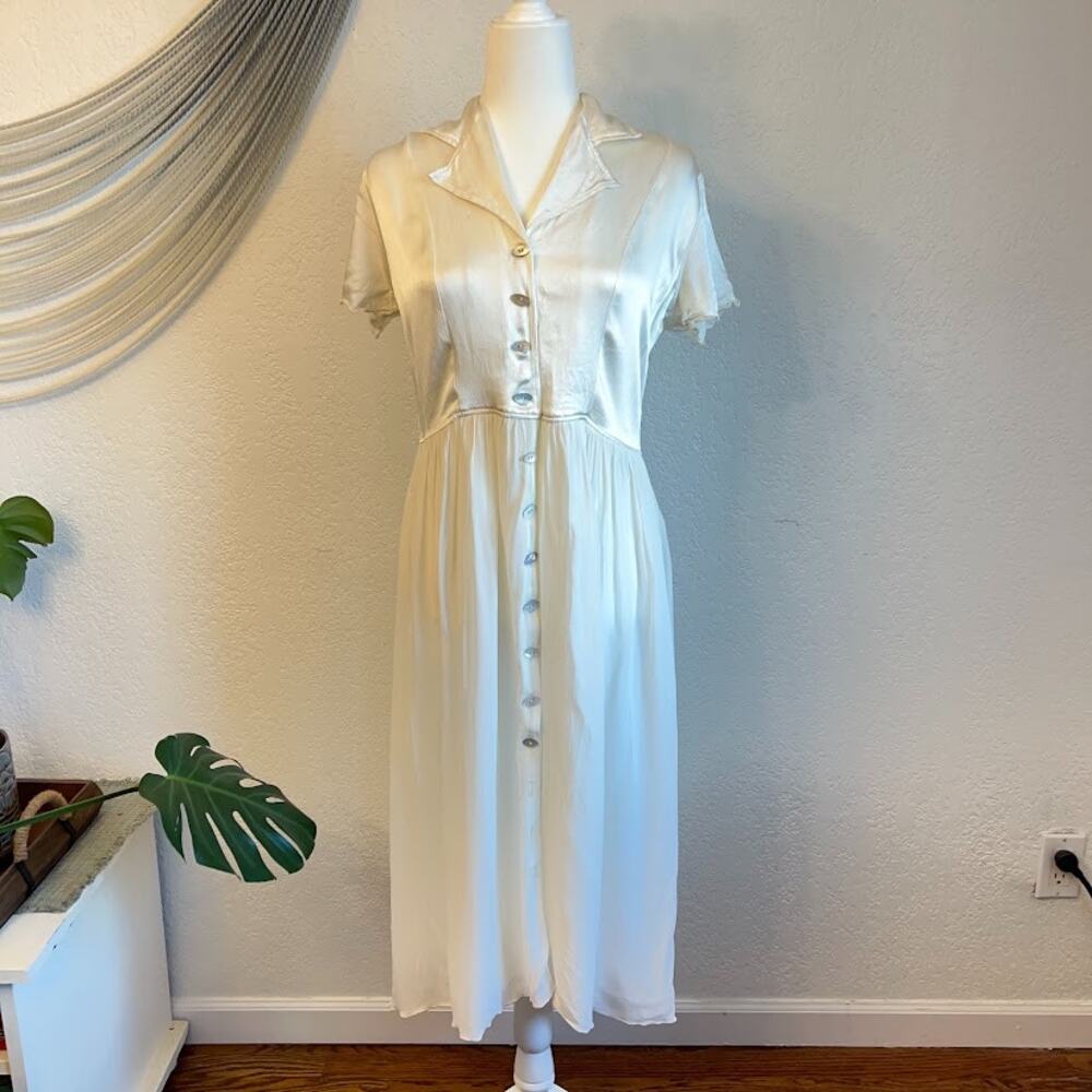 Beth Schaeffer Mother of Pearl Button Cream Romance Midi Satin VTG Dress Sz L